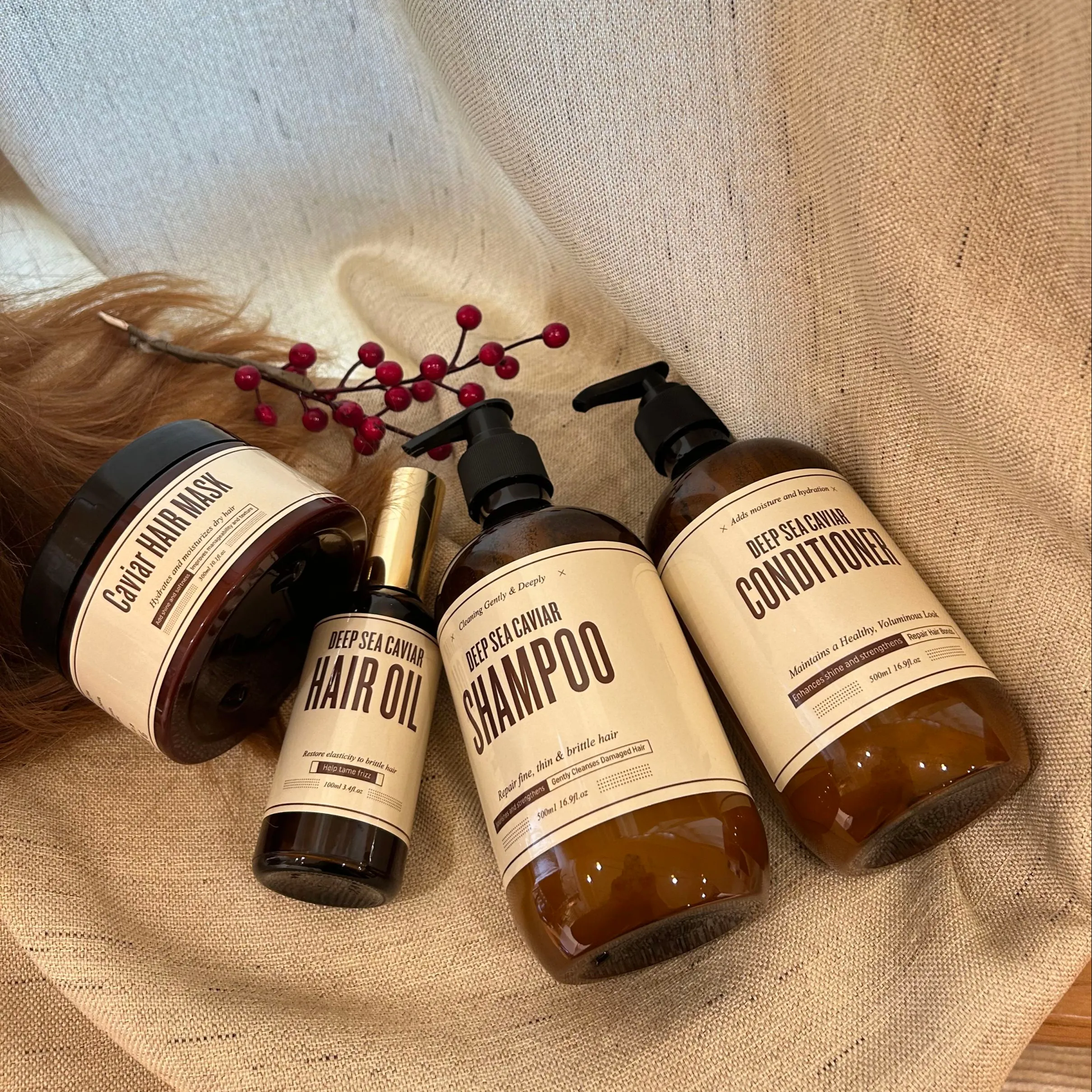 Individuelles Luxus-Haarpflegeset vegan Bio-Protein Kaviar-Haarmaske Haarserum Shampoo und Conditioner Eigenmarke