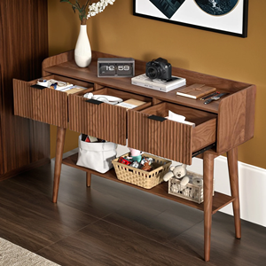 <span class=keywords><strong>Console</strong></span> moderne avec <span class=keywords><strong>3</strong></span> tiroirs, table d'entrée d'alcôve avec étagère de rangement, présentoir étroit pour couloirs Marron - Product Image 3