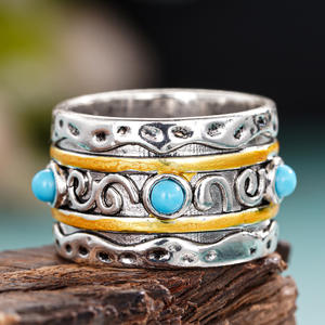 Anello Cocktail A102 in Argento e Oro con Turchese, Montatura a Castone, Gioiello Unisex alla Moda, Regalo con Pietra Naturale Rotonda - Product Image 6