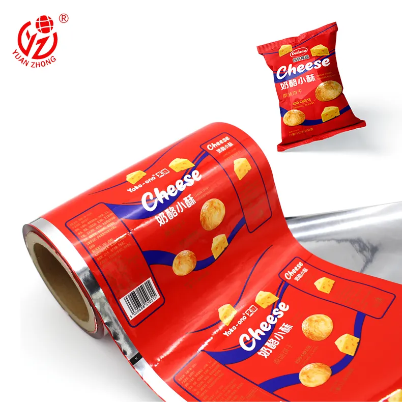 Rollo de plástico para embalaje de patatas fritas, rollo de película de embalaje personalizado para aperitivos y alimentos con papel de aluminio, fabricante de China