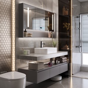 <span class=keywords><strong>Vasque</strong></span> de salle de bain murale moderne et minimaliste en dalle de roche avec miroir intelligent et rangement intégré - Product Image 4