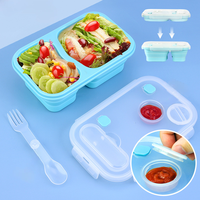 Boîte à bento pliable en silicone à 3 compartiments, compatible micro-ondes, chauffable, anti-fuite, avec couvercle de rangement divisé, boîte à lunch pliable pour l'extérieur