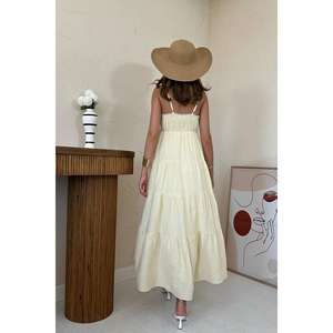 Elastic Waist Strappy <b>Yellow</b> Tiered <b>Dress</b> A-Line Spaghetti Strap Breathable Woven Casual Holiday Celebration <b>Dress</b> - Product Image 1