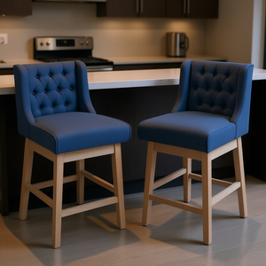 Ensemble de 2 tabourets de bar, hauteur de comptoir 27 pouces, revêtement en lin bleu, capitonnés, structure en bois, design pivotant, bar moderne pour la maison - Product Image 2