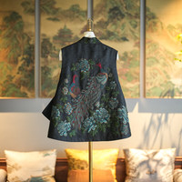 Gilet asymétrique polyvalent en tissu de soie Xiangyun noir, sans manches, richement brodé, pour femme, 7847