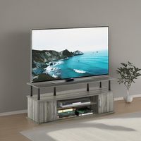 Meuble TV gris de 47,2 pouces avec dessus relevable, 2 armoires de rangement et étagères ouvertes, console multimédia moderne pour téléviseurs de 55 pouces.