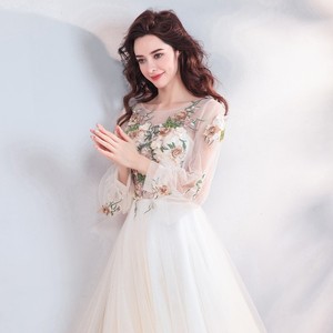 A-Line Chiffon Wedding Dress With Floral Embroidery O-Neck Long Sleeve Empire Waistline Bridal Gown Light Champagne Color - Product Image 2