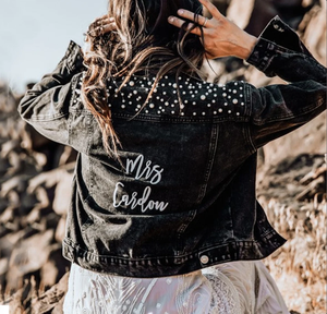 Custom Text Embroidery Logo Plus Size <b>Women</b> Pearl Denim <b>Jacket</b> Long Sleeve Beads <b>Women</b> Denim <b>Jacket</b> <b>Spring</b> and Autumn Coat - Product Image 3