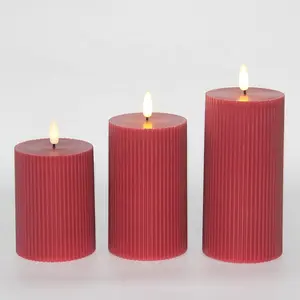 Set Of 3 Real Wax Red Ribbed Realistic Pillar Remote Electric Led Candles For Decor
