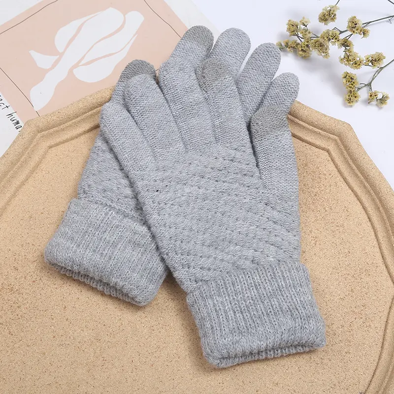 Women's winter fleece-lined thickened Korean style cold-proof cute riding touch screen warm wool knitted glove wholesale