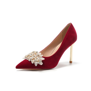 8777H-015 Pointed Toe Stiletto <b>Heel</b> <b>Red</b> Velvet Wedding Shoes With Flower Decoration Elegant Formal Dress Shoe - Product Image 5