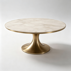 Modern <b>Round</b> Glass Coffee <b>Table</b> with <b>Gold</b> Metal Base 2-in-1 Contemporary Living Room Furniture - Product Image 2