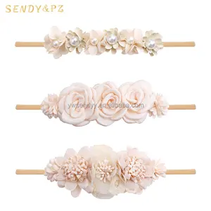 Sweet Baby Flower Pearl Rhinestone Headband Meninas Crianças Recém-nascidos Criança Floral Nylon Hairbands Acessórios Atacado