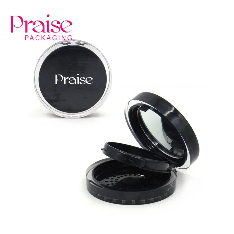 Custom wholesale acrylic cosmetics compact powder packaging case, round plastic blush container with mirror, support sample