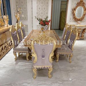 Juego de comedor de oro <span class=keywords><strong>barroco</strong></span> real, mesa de comedor tallada de madera con 8 sillas - Product Image 2