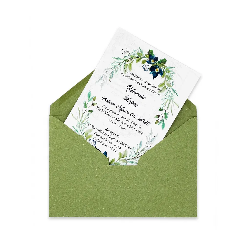 Op Maat Gemaakte Unieke Goedkope Laser Gesneden Groen Papier Verjaardagsbijeenkomst Bruiloft Uitnodigingskaart Met Katoenen Envelop & Sticker