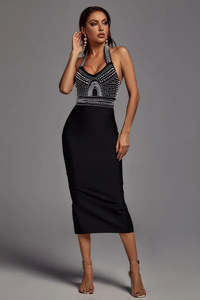 Vestido de Fiesta Elegante <span class=keywords><strong>para</strong></span> Mujer, Personalizado, con Cuentas de Perlas, Corsé Cristalizado, Cuello Halter, Midi, Estilo Bandage, <span class=keywords><strong>para</strong></span> <span class=keywords><strong>Cena</strong></span> o Cumpleaños - Product Image 3