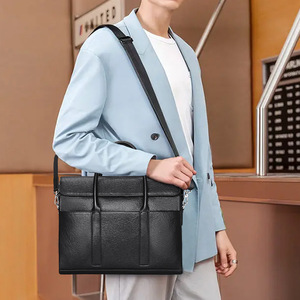 Men's Genuine <b>Leather</b> <b>Briefcase</b> Large Capacity Horizontal Square Tote Bag For Business Travel Black - Product Image 4