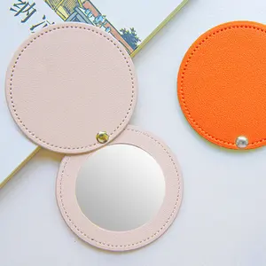 Women and Girls' Fashion PU Leather Cosmetic Mirror Portable round Shape Pocket Mirror
