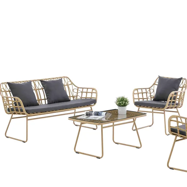 Sân vườn ngoài trời Patio đồ nội thất nhà máy Bán buôn giá rẻ wicker PE mây ăn Sofa ghế và bảng thiết lập với đệm