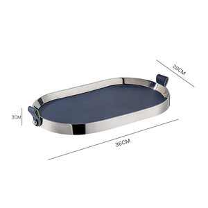 Metal servis tepsisi özelleştirilmiş ışık lüks paslanmaz çelik oval siyah deri tepsi lüks otel hizmeti deri depolama tepsisi - Product Image 2
