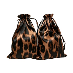 Animal Print Custom Logo Leopard Print Satin <b>Drawstring</b> Pouch Trendy Design for Travel Organizer and Clothing Storage - Product Image 1