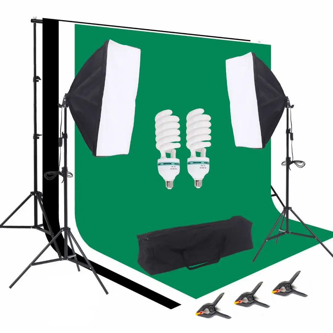 Photography Lighting Kit Set 50*70cm Soft Box with Tripod and Bulb 2*3m Background Stand System with Black White Green Backdrop