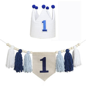 Bannière de chaise haute pour le 1er <span class=keywords><strong>anniversaire</strong></span> d'un bébé garçon, bleu et blanc, guirlande de perles en bois, pompon, couronne rose, chapeau, toile de fond photo, bannière, drapeau, <span class=keywords><strong>1</strong></span> <span class=keywords><strong>an</strong></span> - Product Image 3