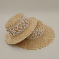 Topi anyaman jerami gandum dengan hiasan cincin, pinggiran lebar, bagian atas datar, untuk wanita, musim panas, pantai, pelindung matahari, liburan tepi laut