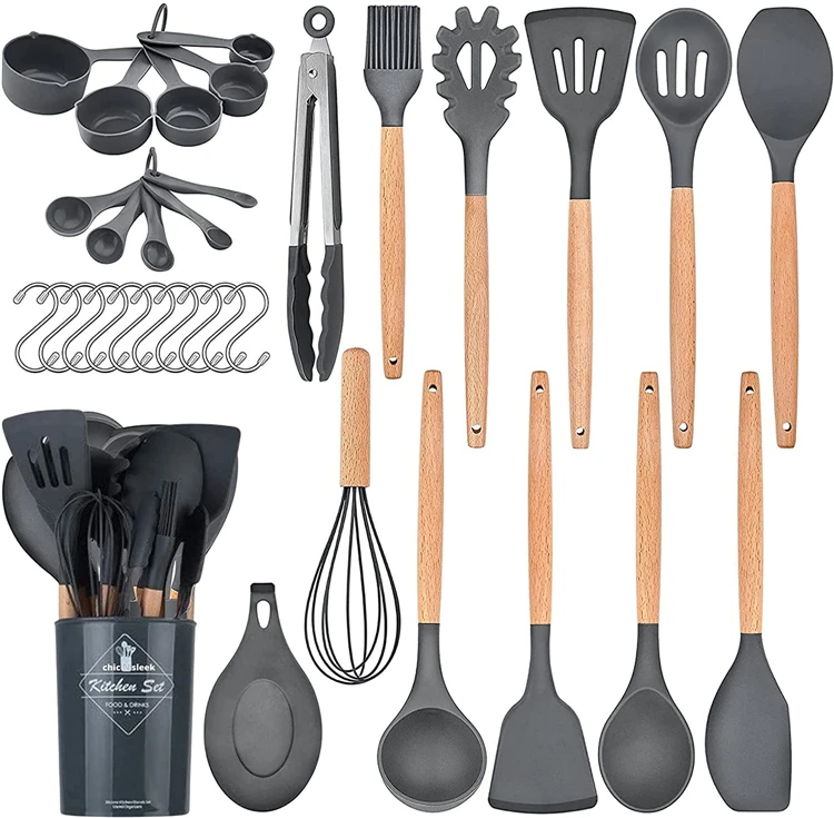 BPA-Free Heat Resistant Kitchen Gadgets Tools 33 Pcs Non-Stick Cooking Silicone Kitchen Utensils Set with Holder