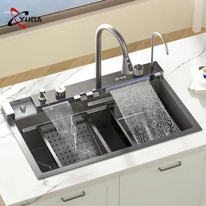 Fregaderos de cocina de lujo multifunción Undermount de nuevo estilo Nano cascada pantalla Digital grifo fregaderos de cocina