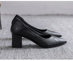 Chaussures de travail maman <span class=keywords><strong>femme</strong></span> <span class=keywords><strong>talon</strong></span> épais noir polyvalent petites chaussures en cuir confortable semelle souple hôtesse de l'air talons hauts - Product Image 3