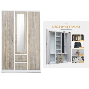 Amazon Hot Selling Multifunctional Wardrobe Wood Grain 3 Door Steel Wardrobe With Mirror Drawer Home Furniture Bedroom Cabinet