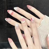 Faux ongles à presser personnalisables en acrylique, motif fleur de cerisier printanière, breloques florales 3D, rose nude, courts, forme amande, vente en gros