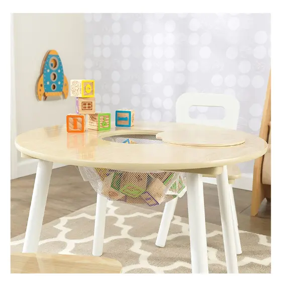 Wood Play Table and Chair Set with Center Mesh Storage Multifunctional Household Toddler Kindergarten Preschool Kid Play Table