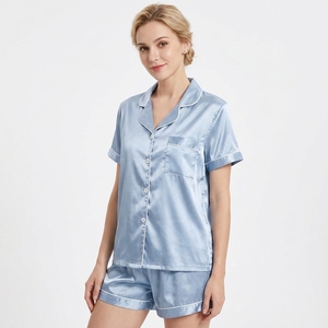 Conjunto de Pijama de Verão em Cetim Sólido e Respirável para Mulheres - Camisa de Manga Curta com Botões e Shorts, Roupas de Loungewear Luxuosas e Sedosas - Product Image 6