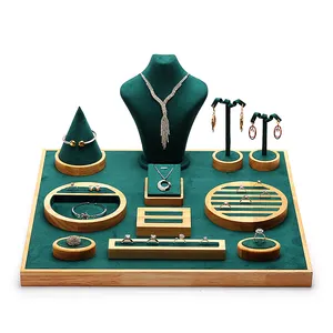 DIGU Top Sell Luxury Jewelry Stand Green Jewelry Showcase Display Set Wood Necklace Jewelry Set Display