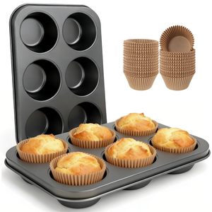 <span class=keywords><strong>Moule</strong></span> à <span class=keywords><strong>muffins</strong></span> 6 cavités avec doublures en <span class=keywords><strong>papier</strong></span>, <span class=keywords><strong>moule</strong></span> à cupcakes profond en acier au carbone antiadhésif, ustensile de cuisson robuste pour la cuisson au four - Product Image 2
