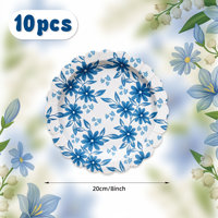 Assiettes en papier bleues et blanches à motifs floraux, jetables, festonnées, style vintage, pour dîner, 7, 8, 9 pouces, pour décoration de baby shower et de fête du thé
