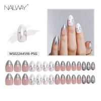 Ongles artificiels haut de gamme 30 pièces, 15 tailles, forme amande, motif étoile, French manucure, brillants, en gel souple à presser, vente en gros