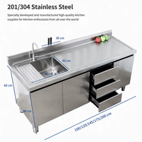 Table de préparation de cuisine professionnelle ISO 9001 avec armoire de rangement, trois tiroirs, portes et plan de travail en acier inoxydable poli pour banquets
