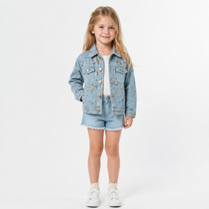 Fournisseur de vêtements pour enfants, veste <span class=keywords><strong>en</strong></span> <span class=keywords><strong>jean</strong></span> pour filles, coupe-vent, respirante, à motifs floraux, pour l'automne, vêtements décontractés pour tous les jours, service OEM - Product Image 4