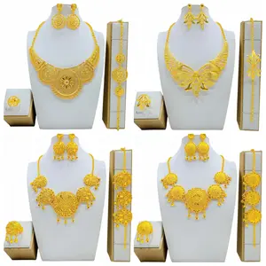 Dubai 24K Gold Jewelry Set Saudi Bride Necklace Bracelet Earrings Ring Women's Four-piece Set