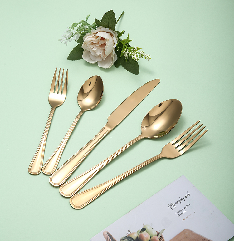 Manufacturer wholesale reusable restaurant stainless steel knife cutlery golden fork and spoons set flatware sets for wedding