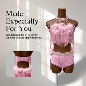 Costume de danse jazz rose à franges et plumes, sexy, dos nu, avec strass, pour femme, tenue de danse latine, tenue de compétition lyrique - Product Image 1