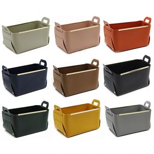 Fast 3-Day Shipping <b>Gold</b> Metal Trim PU Leather <b>Basket</b> Foldable <b>Storage</b> Bins for Home Organization for Laundry Use - Product Image 1