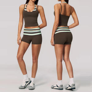 Women's Striped Two Piece Polyester Casual Sports Set High Waist Shorts Sleeveless Crop <b>Top</b> Breathable Activewear Spring Summer - Product Image 1