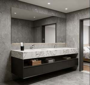 Mueble de Baño Negro de Pared con Lavabo Doble, Encimera de Mármol, Cajones de Almacenamiento y Estantes Abiertos para Organizar el Baño del Hogar - Product Image 3