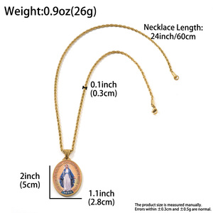 Collier pendentif ovale vintage religieux unisexe en émail torsadé en acier inoxydable avec la Vierge Miraculeuse, vente en gros - Product Image 6