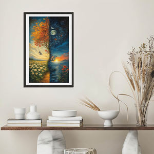 Impresión en Lienzo de Doble Paisaje Día y Noche, Sol y Luna, Otoño y Primavera, Mariposas, Flores, Océano, Atardecer, Fantasía, Naturaleza, <span class=keywords><strong>Arte</strong></span> Digital - Product Image 1